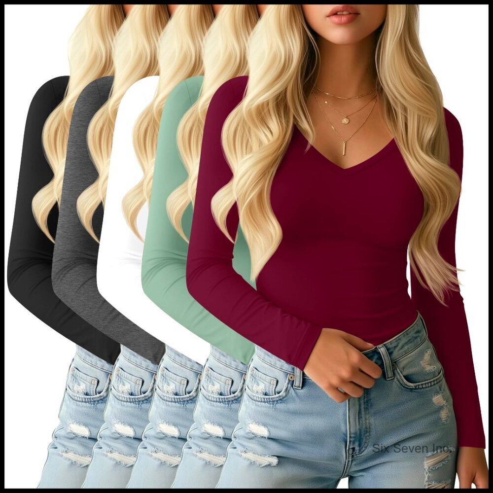 Long Sleeve V Neck T-Shirts Slim Fitted Cotton Basic Tees Layering Tops